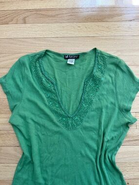 Self Esteem Green Embellished Ribbed V-Neck Short Sleeve Tee